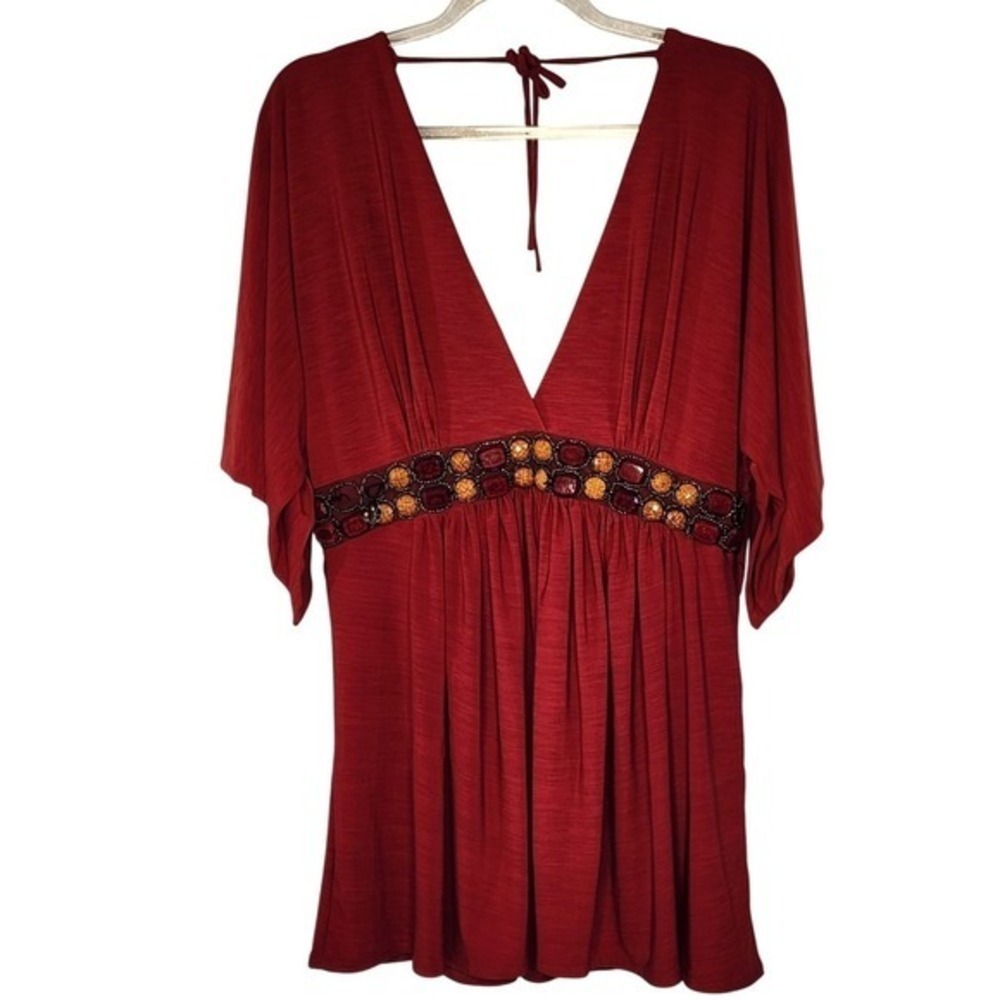 Linda Segal Red‎ Embellished V Neck Kimono Sleeve Tunic Top Style 5912 Size XL